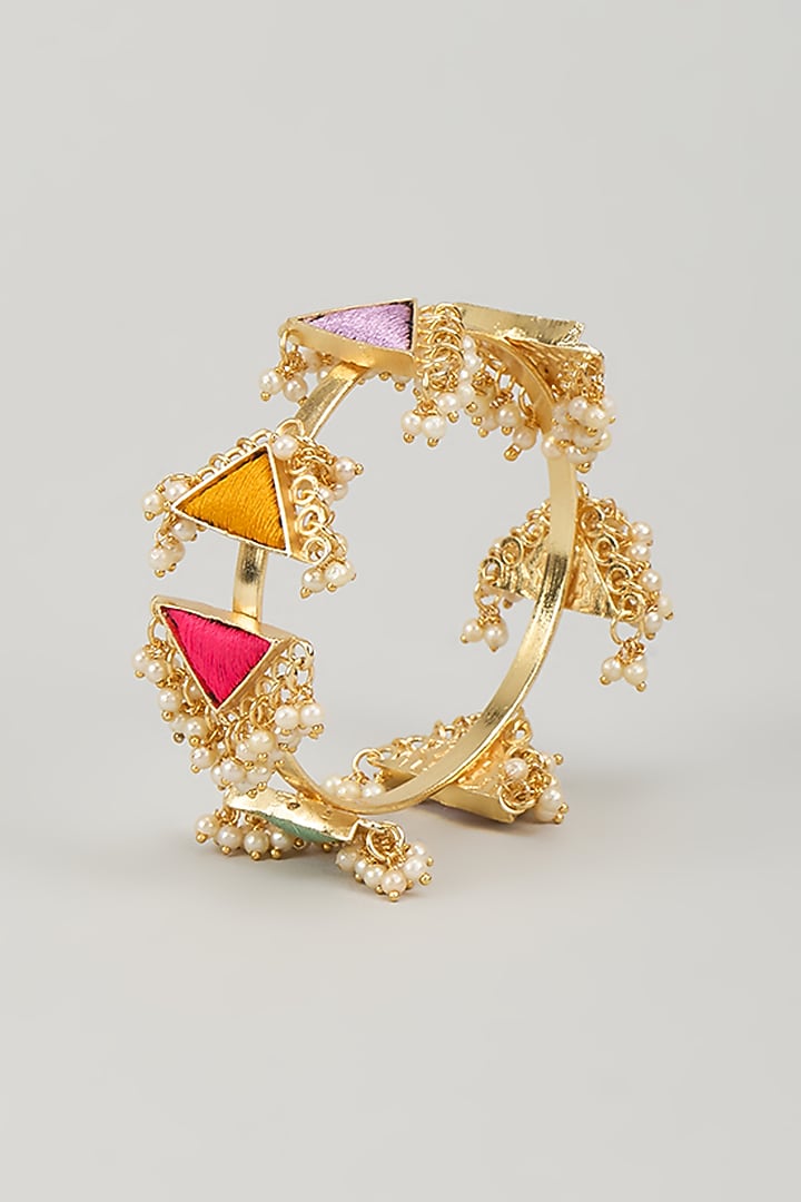 Gold Finish Silk Thread Embroidered & Pearl Beaded Triangular Bangle by Bauble Bazaar at Pernia's Pop Up Shop