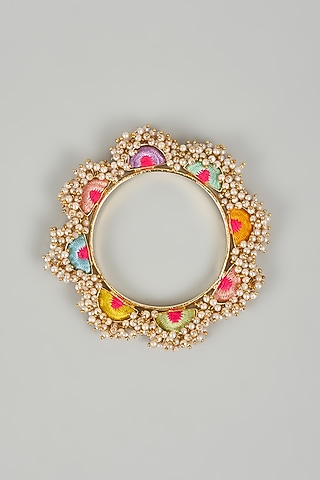 Gold Finish Silk Thread Embroidered & Pearl Beaded Semi-Circular Bangle by Bauble Bazaar