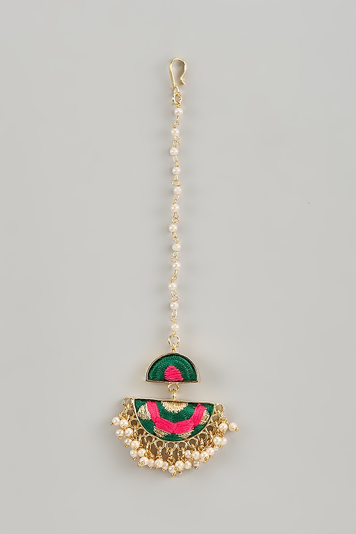 Matte Gold Finish Silk Thread & Pearl Embellished Maangtikka by Bauble Bazaar at Pernia's Pop Up Shop