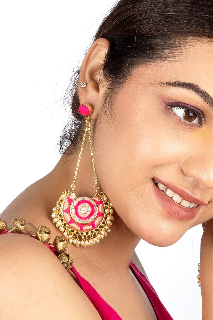 Gold Finish Pastel Pastel Peach & Hot Pink Silk Thread Embroidered Chandbali Earrings by Bauble Bazaar at Pernia's Pop Up Shop