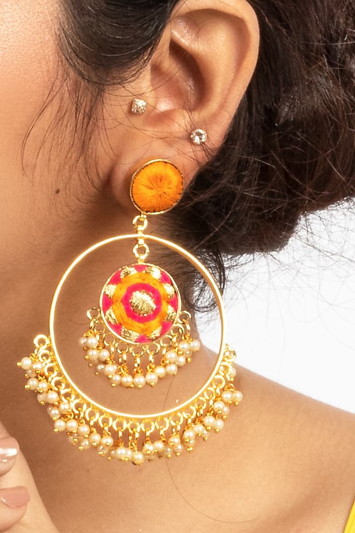 Gold Plated Mustard Yellow & Hot Pink Silk Thread Embroidered Jhumka Earrings by Bauble Bazaar at Pernia's Pop Up Shop