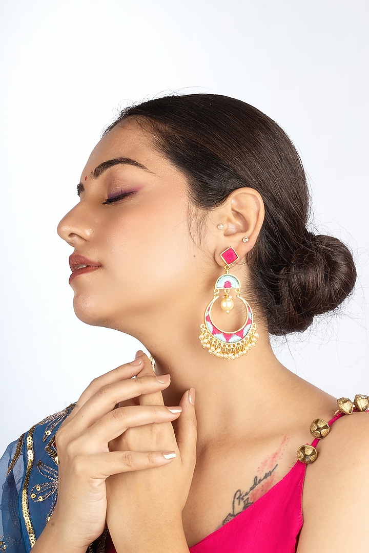 Gold Plated Pastel Blue & Hot Pink Silk Thread Embroidered Chandbali Earrings by Bauble Bazaar at Pernia's Pop Up Shop