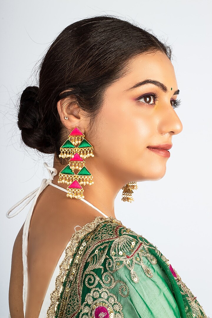 Gold Plated Green & Pink Silk Thread Embroidered Triangle Dangler Earrings by Bauble Bazaar at Pernia's Pop Up Shop