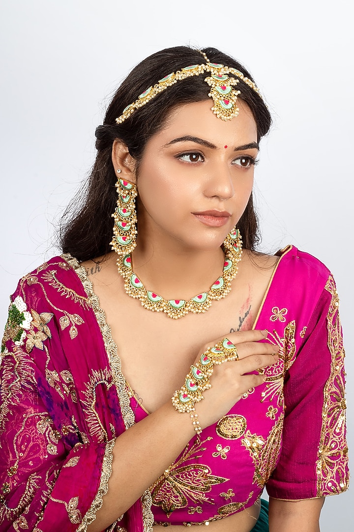 Gold Plated Mint Blue & Hot Pink Silk Thread Embroidered Choker Necklace Set by Bauble Bazaar at Pernia's Pop Up Shop