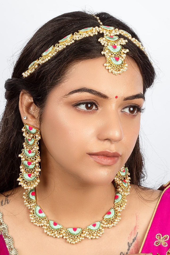 Gold Plated Mint Blue & Hot Pink Silk Thread Embroidered Choker Necklace Set by Bauble Bazaar at Pernia's Pop Up Shop