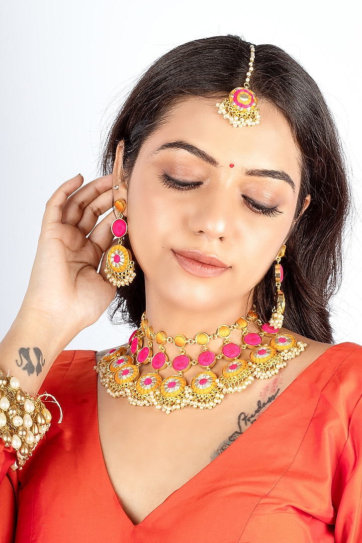Gold Plated Mustard Yellow & Hot Pink Silk Thread Embroidered Choker Necklace Set by Bauble Bazaar at Pernia's Pop Up Shop
