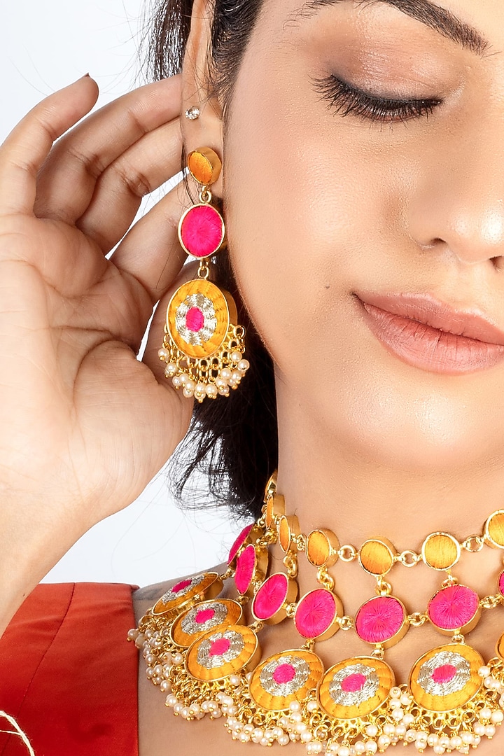 Gold Plated Mustard Yellow & Hot Pink Silk Thread Embroidered Choker Necklace Set by Bauble Bazaar at Pernia's Pop Up Shop