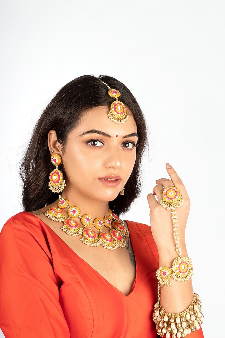 Gold Plated Mustard Yellow & Hot Pink Silk Thread Embroidered Choker Necklace Set by Bauble Bazaar at Pernia's Pop Up Shop