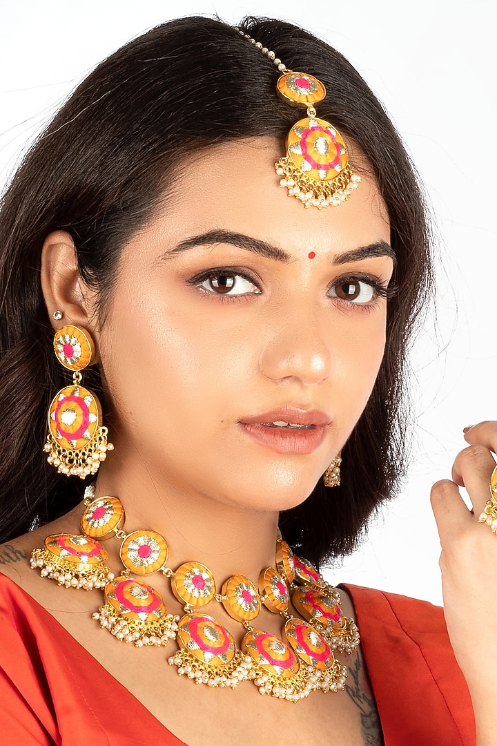 Gold Plated Mustard Yellow & Hot Pink Silk Thread Embroidered Choker Necklace Set by Bauble Bazaar at Pernia's Pop Up Shop