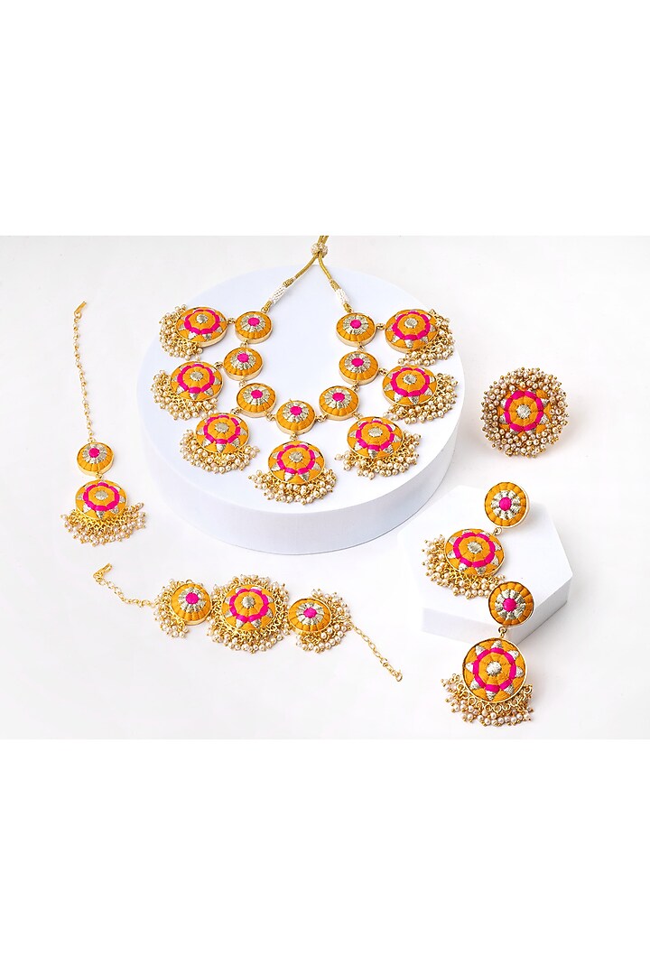 Gold Plated Mustard Yellow & Hot Pink Silk Thread Embroidered Choker Necklace Set by Bauble Bazaar at Pernia's Pop Up Shop
