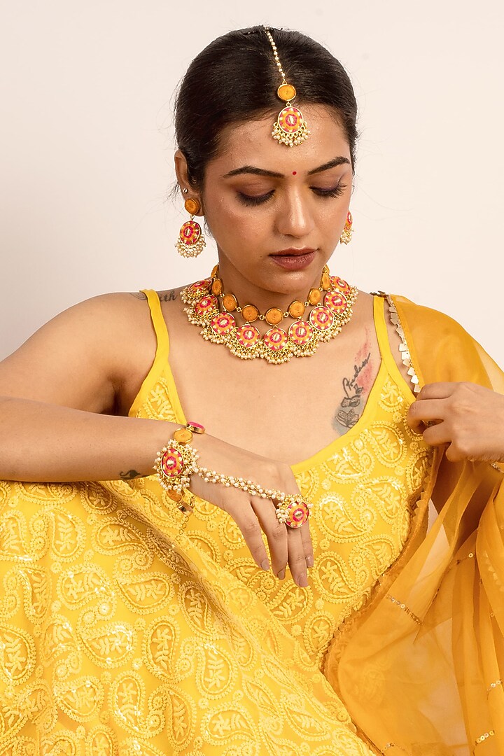 Gold Finish Mustard Yellow & Hot Pink Silk Thread Embroidered Choker Necklace Set by Bauble Bazaar at Pernia's Pop Up Shop