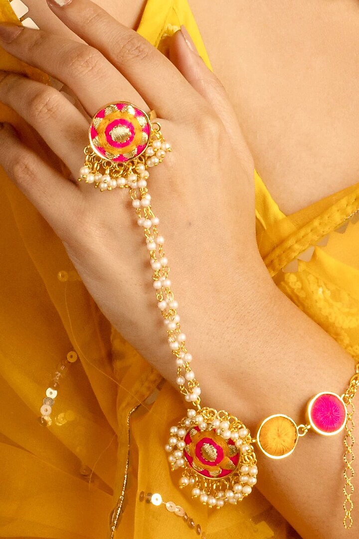 Gold Finish Mustard Yellow & Hot Pink Silk Thread Embroidered Choker Necklace Set by Bauble Bazaar at Pernia's Pop Up Shop