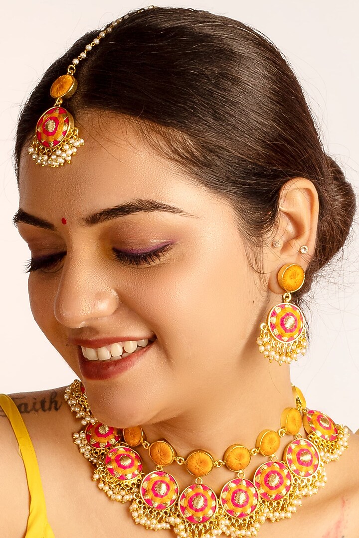 Gold Finish Mustard Yellow & Hot Pink Silk Thread Embroidered Choker Necklace Set by Bauble Bazaar at Pernia's Pop Up Shop