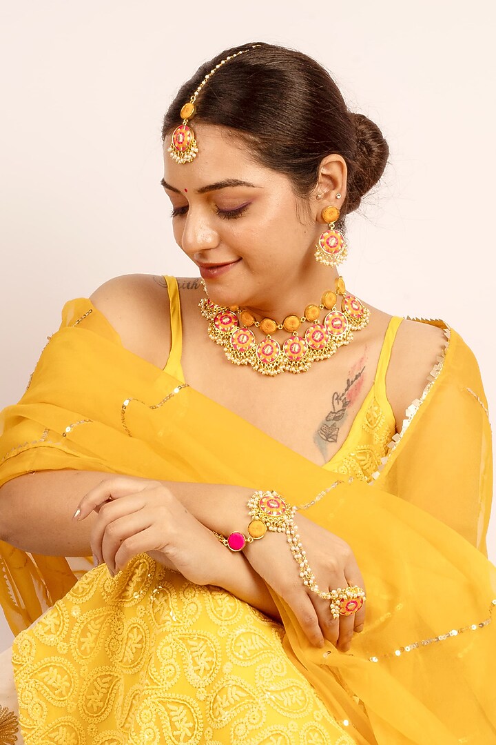 Gold Finish Mustard Yellow & Hot Pink Silk Thread Embroidered Choker Necklace Set by Bauble Bazaar at Pernia's Pop Up Shop