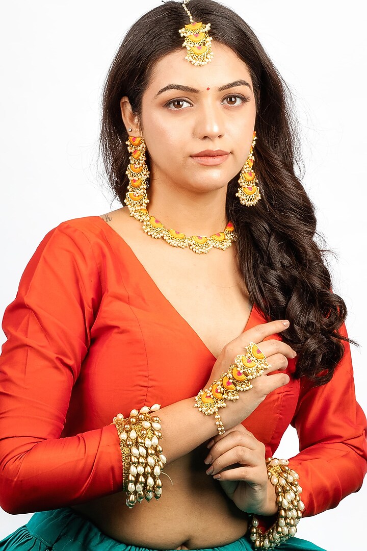 Gold Plated Mustard Yellow & Hot Pink Silk Thread Embroidered Choker Necklace Set by Bauble Bazaar at Pernia's Pop Up Shop