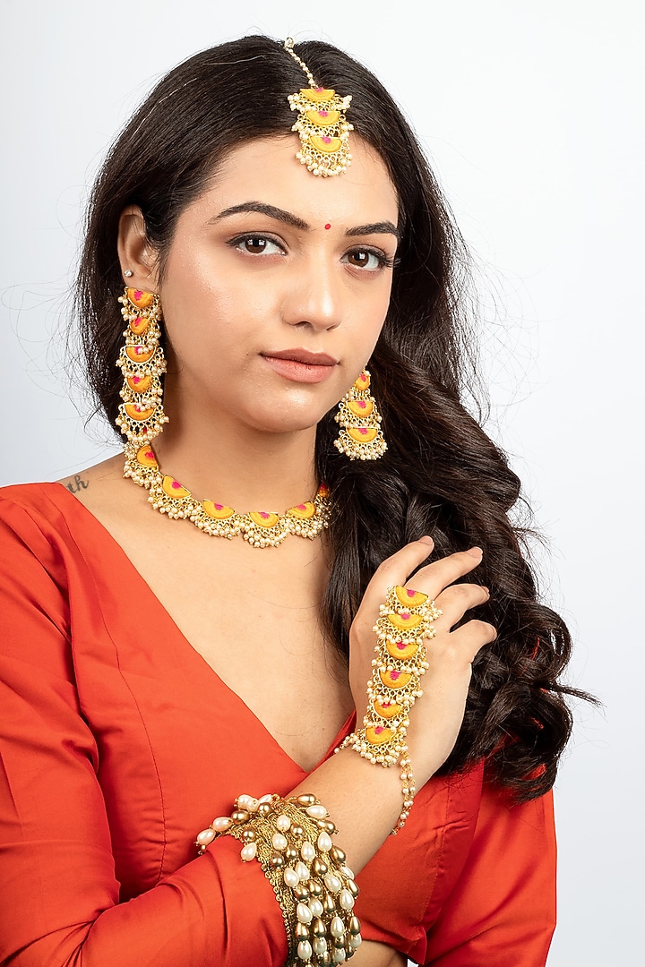 Gold Plated Mustard Yellow & Hot Pink Silk Thread Embroidered Choker Necklace Set by Bauble Bazaar at Pernia's Pop Up Shop