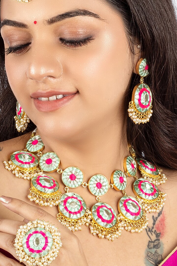 Gold Plated Mint Blue & Hot Pink Silk Thread Embroidered Choker Necklace Set by Bauble Bazaar at Pernia's Pop Up Shop
