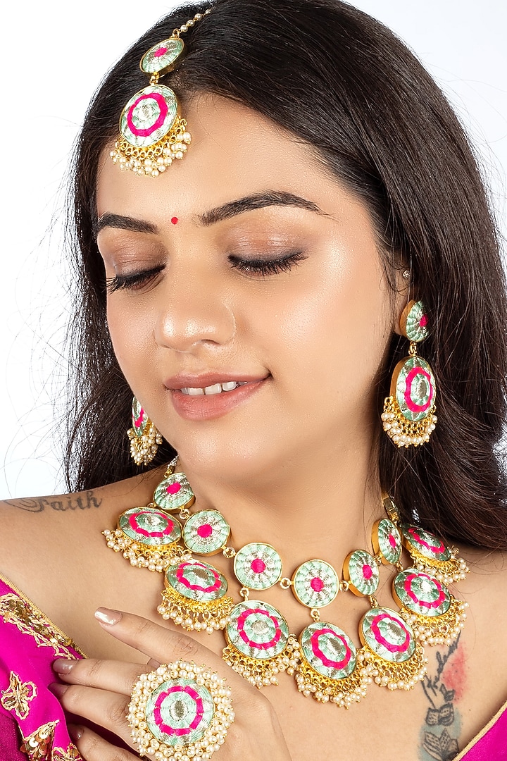 Gold Plated Mint Blue & Hot Pink Silk Thread Embroidered Choker Necklace Set by Bauble Bazaar at Pernia's Pop Up Shop