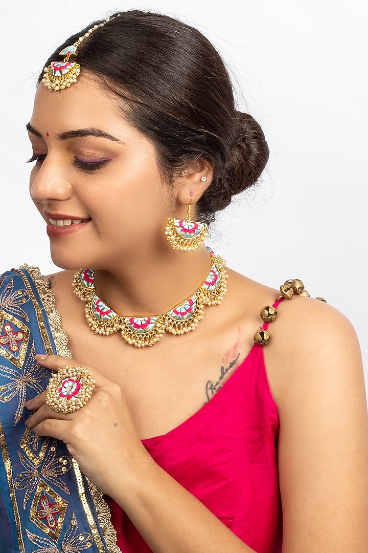 Gold Plated Silk Thread Hand Embroidered & Pearl Choker Necklace Set by Bauble Bazaar at Pernia's Pop Up Shop