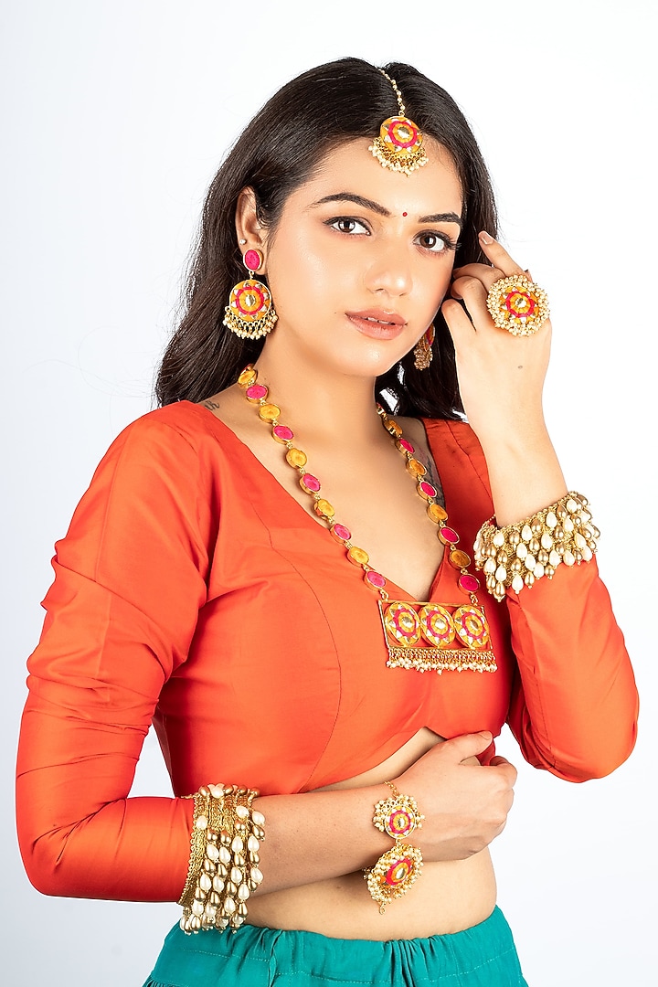 Gold Plated Thread Embroidered & Pearl Long Necklace Set by Bauble Bazaar at Pernia's Pop Up Shop