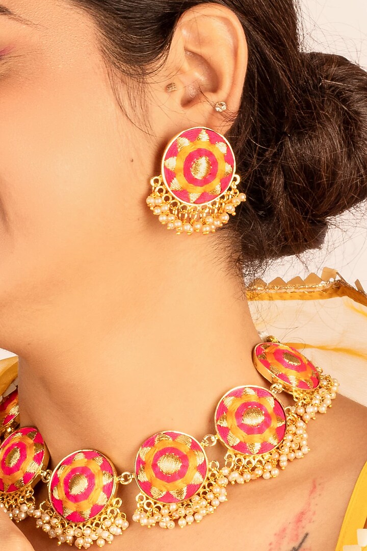 Gold Plated Silk Thread Embroidered & Pearl Choker Necklace Set by Bauble Bazaar at Pernia's Pop Up Shop