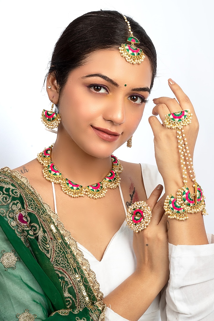 Gold Plated Deep Green Silk Thread Hand Embroidered Choker Necklace Set by Bauble Bazaar at Pernia's Pop Up Shop