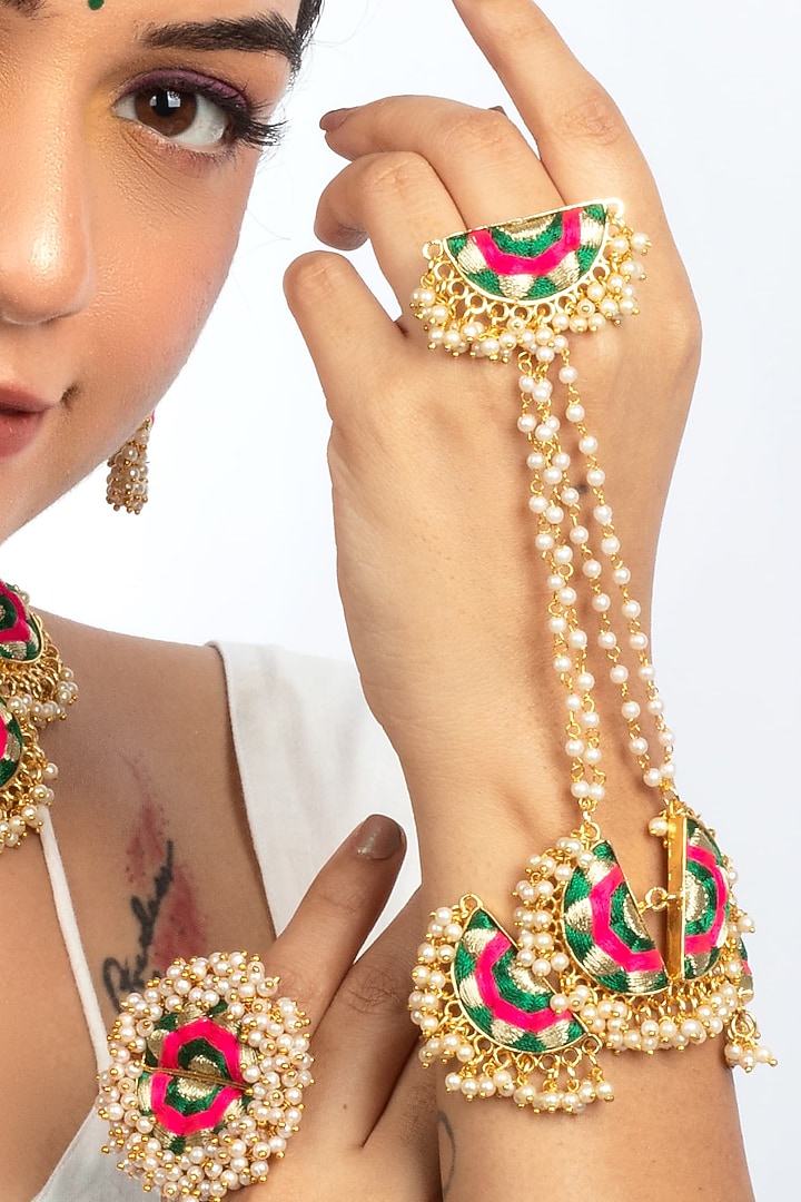 Gold Plated Deep Green Silk Thread Hand Embroidered Choker Necklace Set by Bauble Bazaar at Pernia's Pop Up Shop