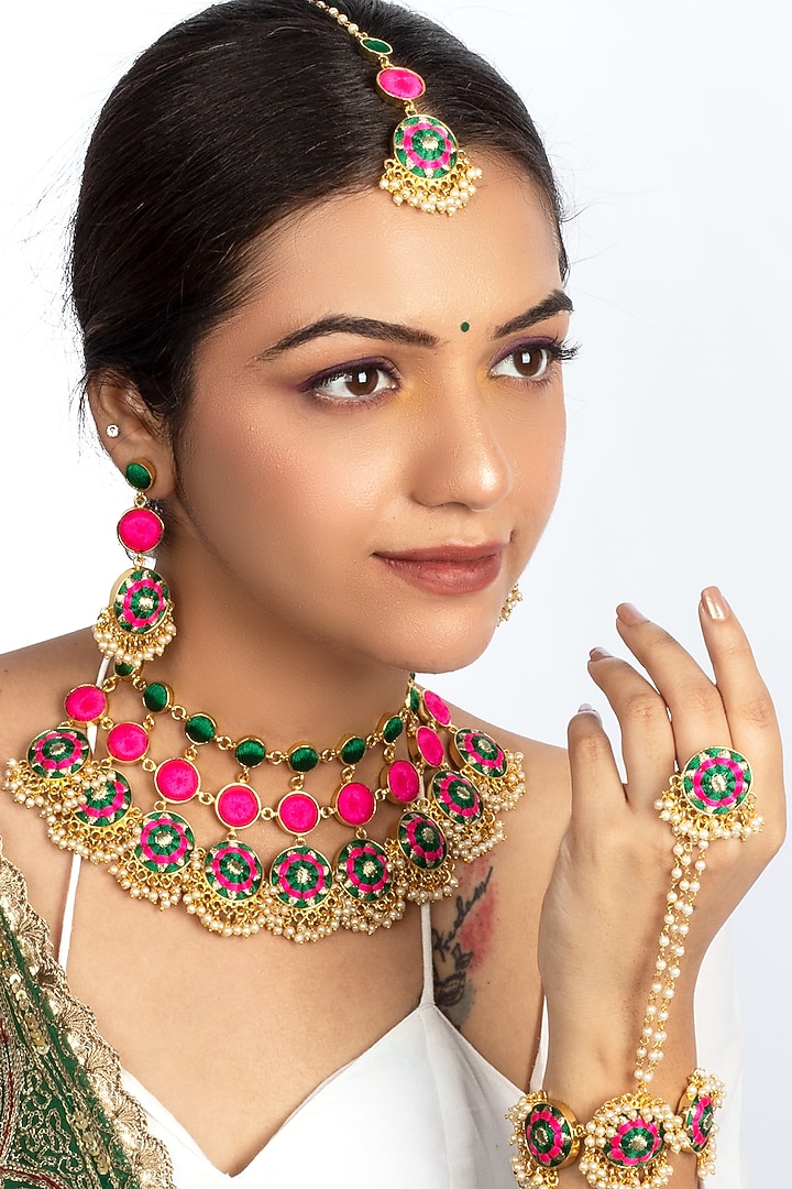 Gold Plated Dark Green & Pink Silk Thread Hand Embroidered Choker Necklace Set by Bauble Bazaar at Pernia's Pop Up Shop
