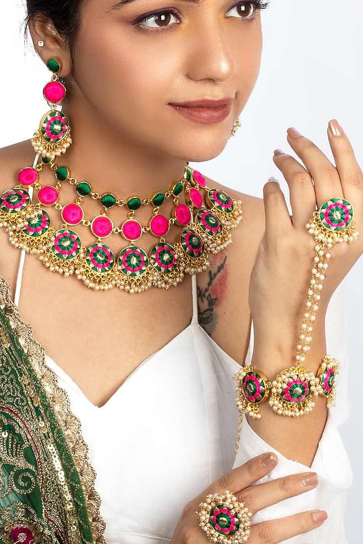 Gold Plated Dark Green & Pink Silk Thread Hand Embroidered Choker Necklace Set by Bauble Bazaar at Pernia's Pop Up Shop