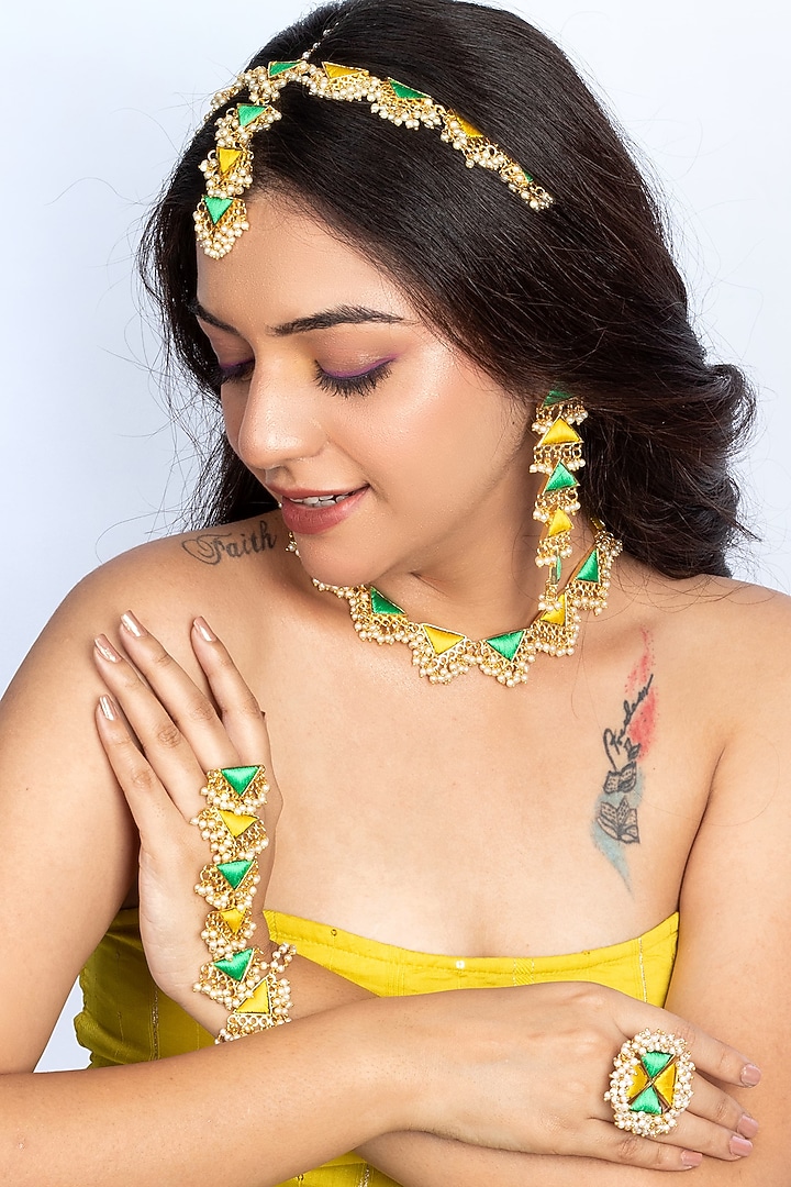 Gold Plated Lime Yellow Silk Hand Embroidered Choker Necklace Set by Bauble Bazaar at Pernia's Pop Up Shop