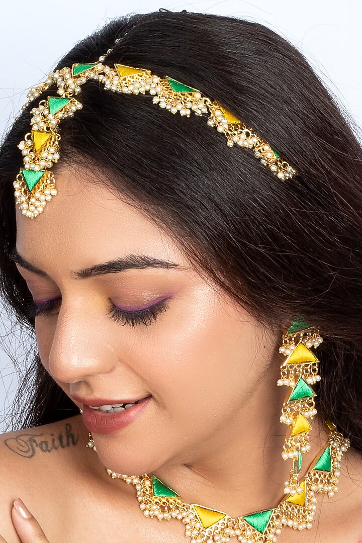 Gold Plated Lime Yellow Silk Hand Embroidered Choker Necklace Set by Bauble Bazaar at Pernia's Pop Up Shop