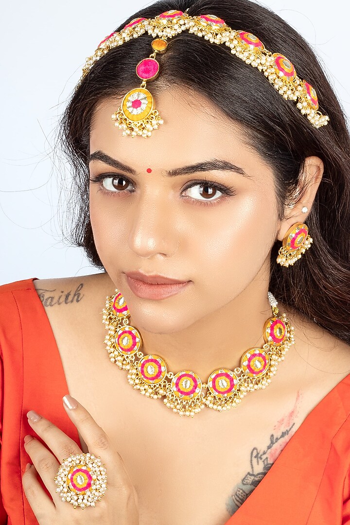 Gold Finish Silk Thread Hand Embroidered & Pearl Choker Necklace Set by Bauble Bazaar at Pernia's Pop Up Shop