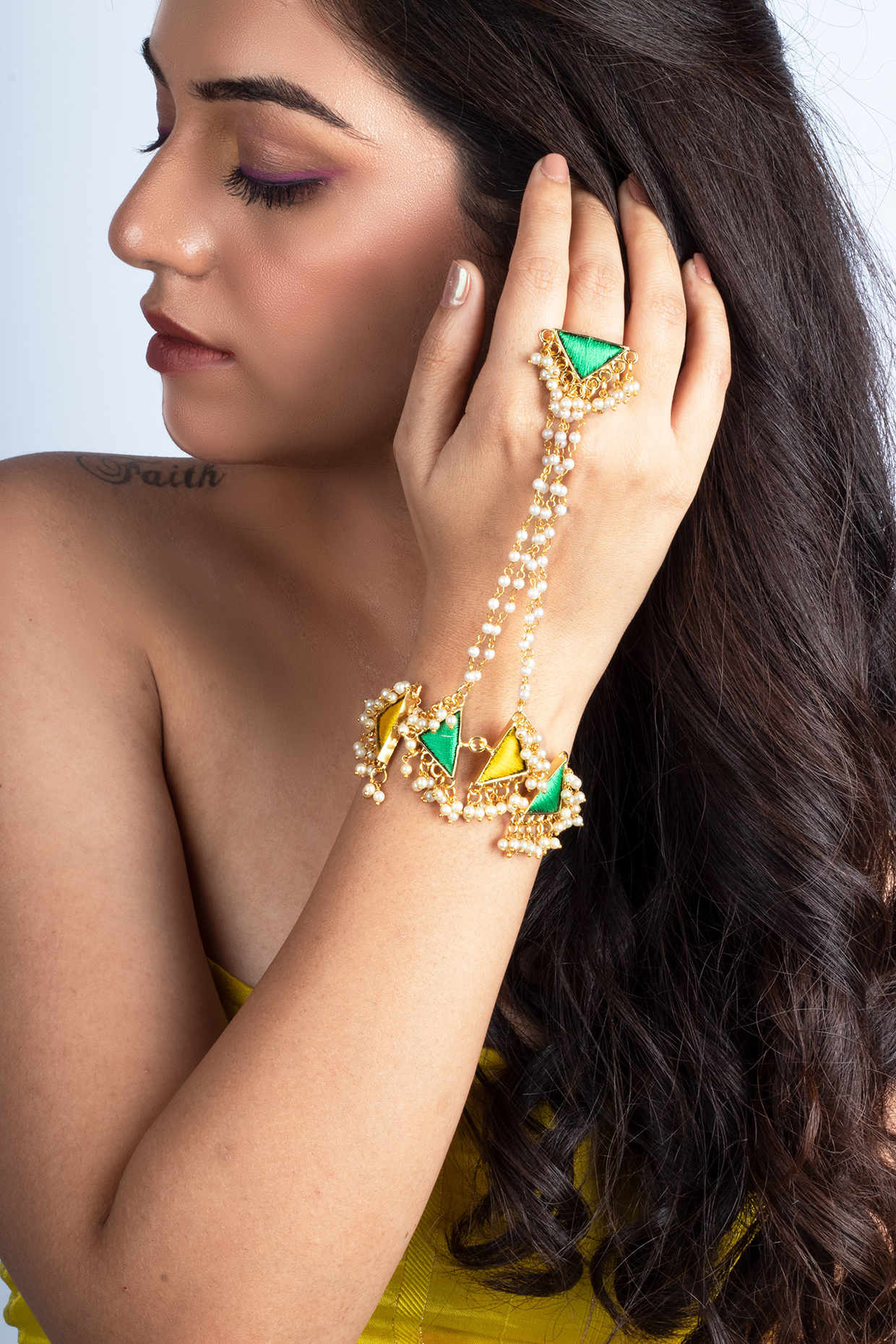 Gold Finish Lime Green & Yellow Thread Embroidered Hathphool by Bauble Bazaar at Pernia's Pop Up Shop