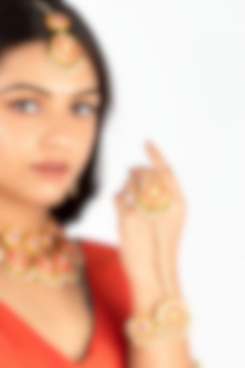 Gold Finish Pink & Mustard Yellow Embroidered Hathphool by Bauble Bazaar at Pernia's Pop Up Shop