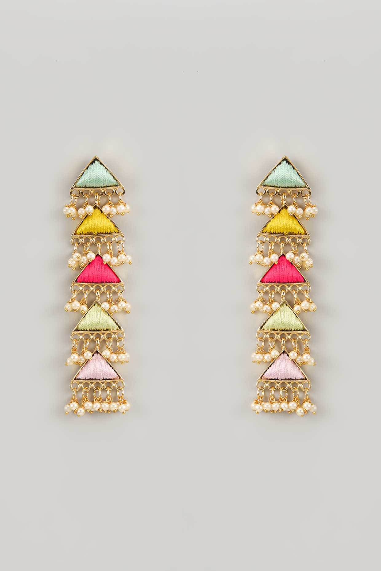 Matte Gold Finish Zari Silk Thread Embroidered Layered Dangler Earrings by Bauble Bazaar at Pernia's Pop Up Shop