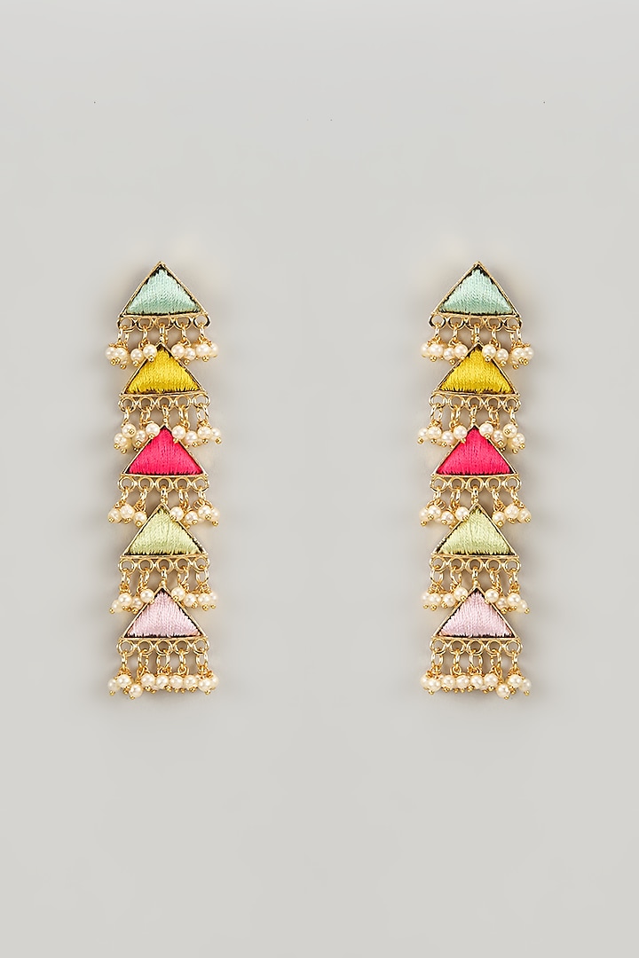 Matte Gold Finish Zari Silk Thread Embroidered Layered Dangler Earrings by Bauble Bazaar at Pernia's Pop Up Shop
