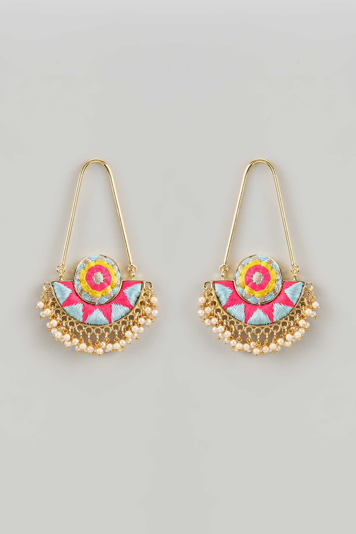 Gold Finish Silk Thread Embroidered & Pearl Beaded Chandbali Earrings by Bauble Bazaar at Pernia's Pop Up Shop