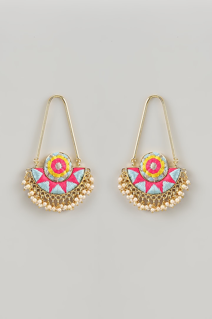 Gold Finish Silk Thread Embroidered & Pearl Beaded Chandbali Earrings by Bauble Bazaar at Pernia's Pop Up Shop
