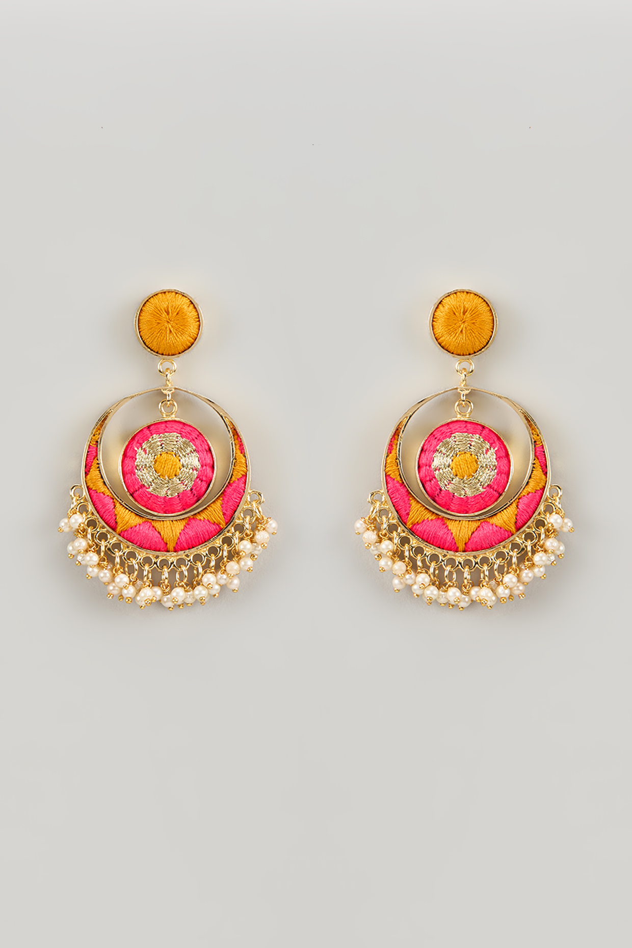 Gold Finish Silk Thread Embroidered & Pearl Beaded Chandbali Earrings by Bauble Bazaar at Pernia's Pop Up Shop