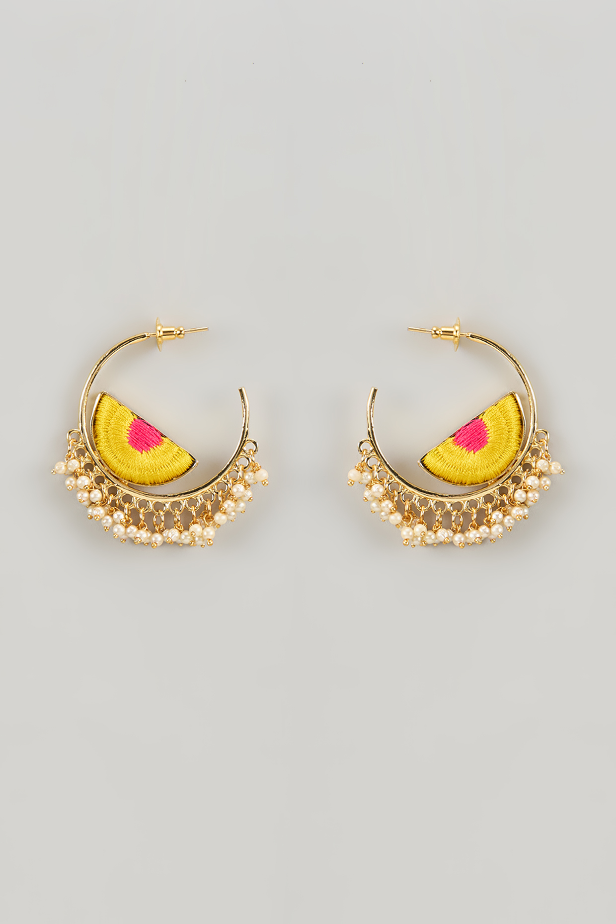 Matte Gold Finish Silk Thread & Pearl Embellished Hoop Earrings by Bauble Bazaar at Pernia's Pop Up Shop
