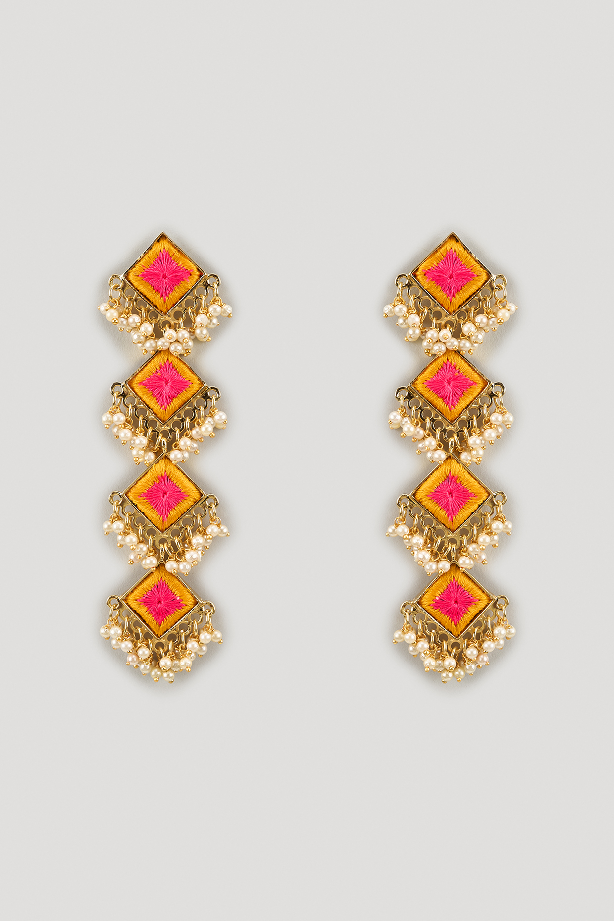 Matte Gold Finish Silk Thread Embroidered & Pearl Layered Square Dangler Earrings by Bauble Bazaar at Pernia's Pop Up Shop