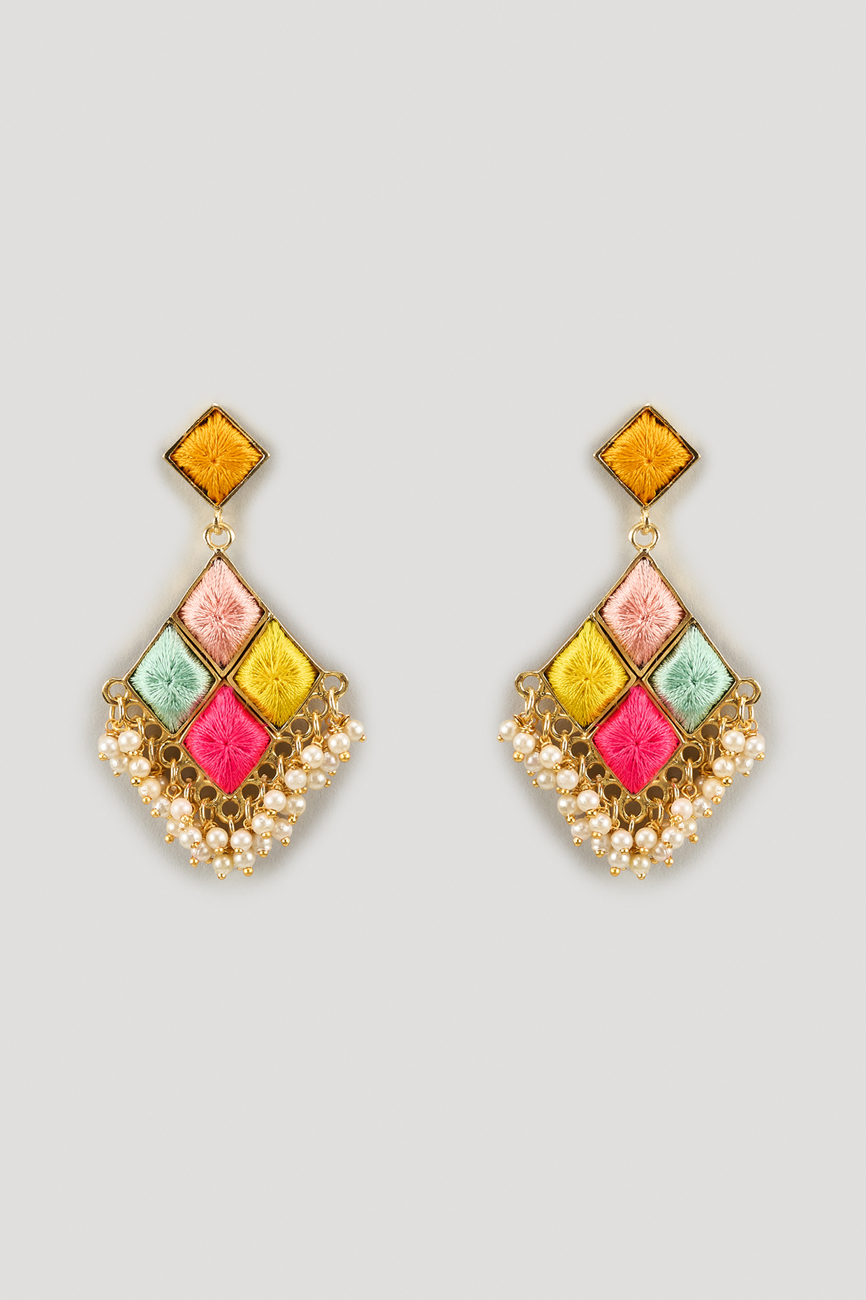 Matte Gold Finish Silk Thread Embroidered & Pearl Triangle Dangler Earrings by Bauble Bazaar at Pernia's Pop Up Shop