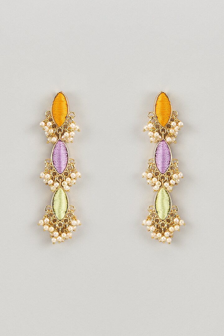 Matte Gold Finish Silk Thread & Pearl Embellished Layered Dangler Earrings by Bauble Bazaar at Pernia's Pop Up Shop