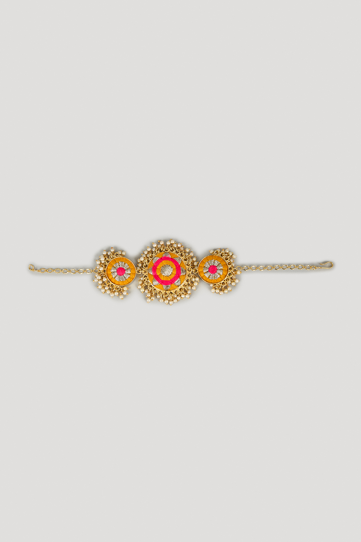 Matte Gold Finish Silk Thread Embroidered & Pearl Bracelet by Bauble Bazaar at Pernia's Pop Up Shop
