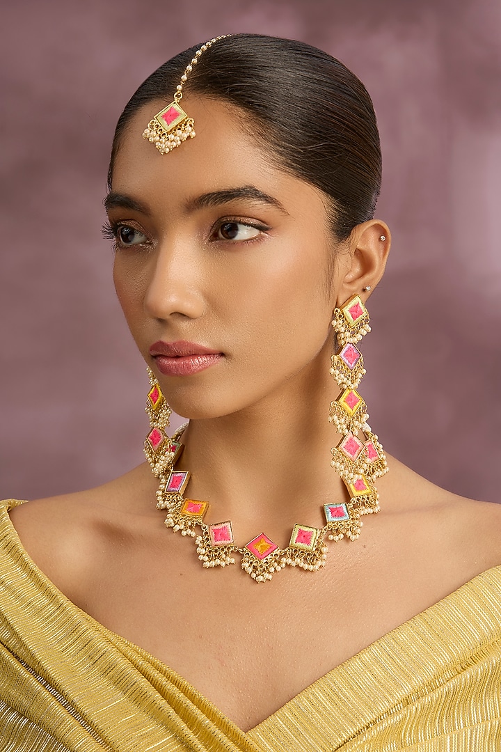 Multi-Colored Silk Thread Embroidered Necklace Set by Bauble Bazaar at Pernia's Pop Up Shop