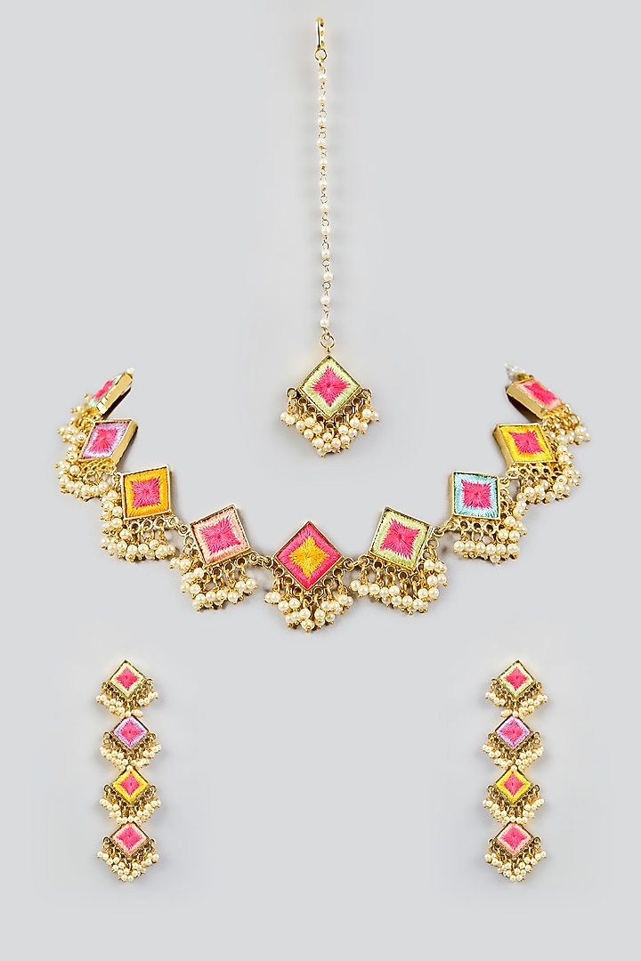 Multi-Colored Silk Thread Embroidered Necklace Set by Bauble Bazaar at Pernia's Pop Up Shop