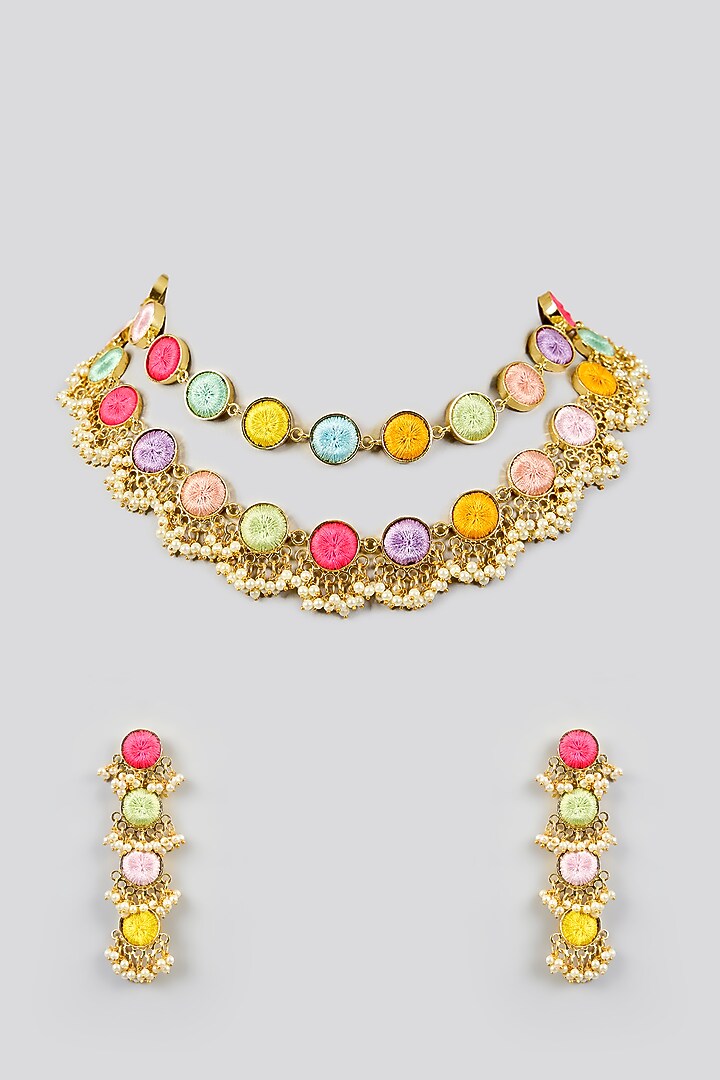 Multi-Colored Silk Thread Embroidered Necklace Set by Bauble Bazaar at Pernia's Pop Up Shop