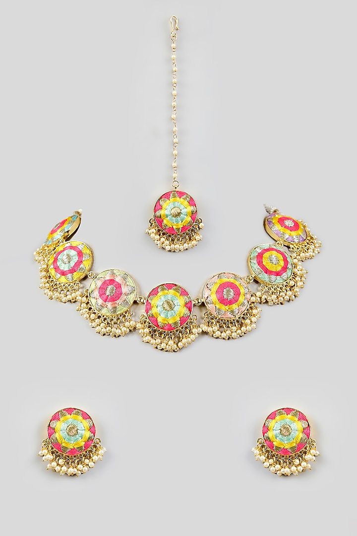 Multi-Colored Silk Thread Embroidered Necklace Set by Bauble Bazaar at Pernia's Pop Up Shop