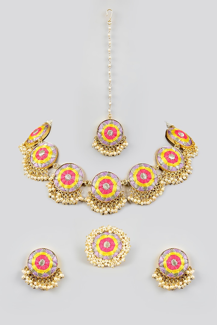 Multi-Colored Silk Thread Embroidered Necklace Set by Bauble Bazaar at Pernia's Pop Up Shop