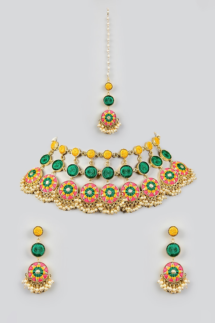 Multi-Colored Silk Thread Embroidered Necklace Set by Bauble Bazaar at Pernia's Pop Up Shop